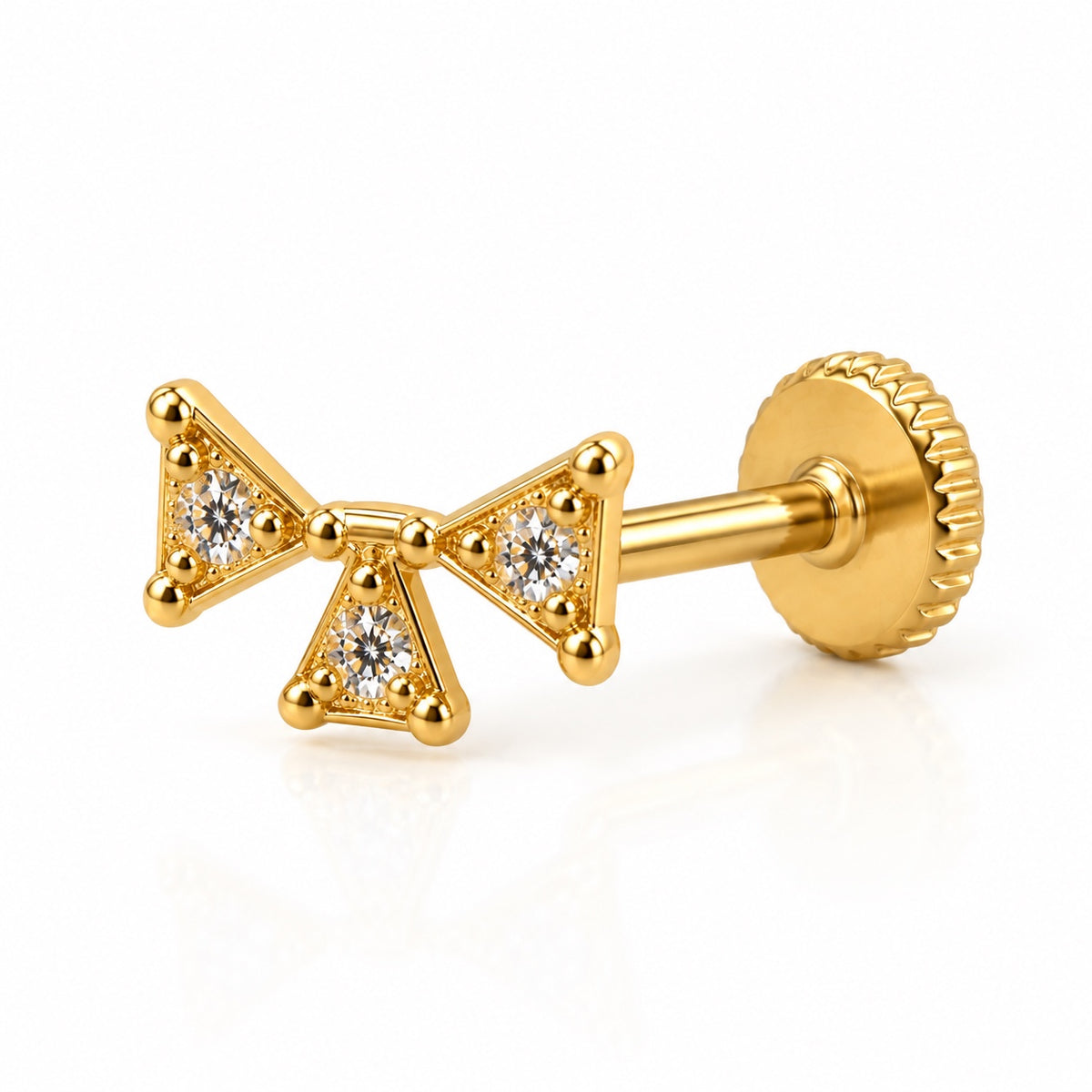 Fiocco solid 18K gold bow piercing close-up view